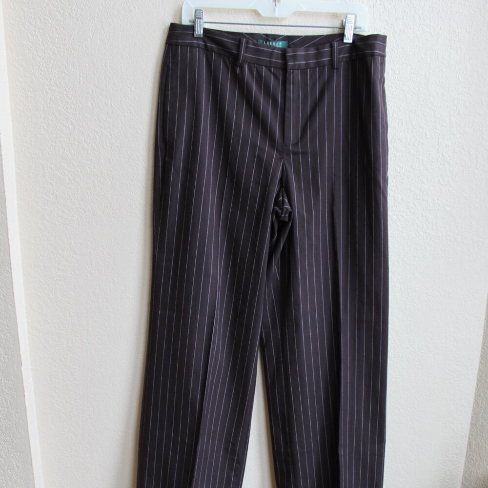 Lauren Ralph Lauren Brown Cotton Pinstriped Trousers Cuffs Size 12 34X32